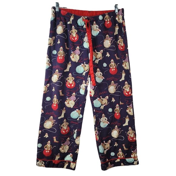 Nick & Nora Sock Monkey Flannel Pajama Set Blue Large Long Sleeve Pants Pull On - Picture 7 of 13